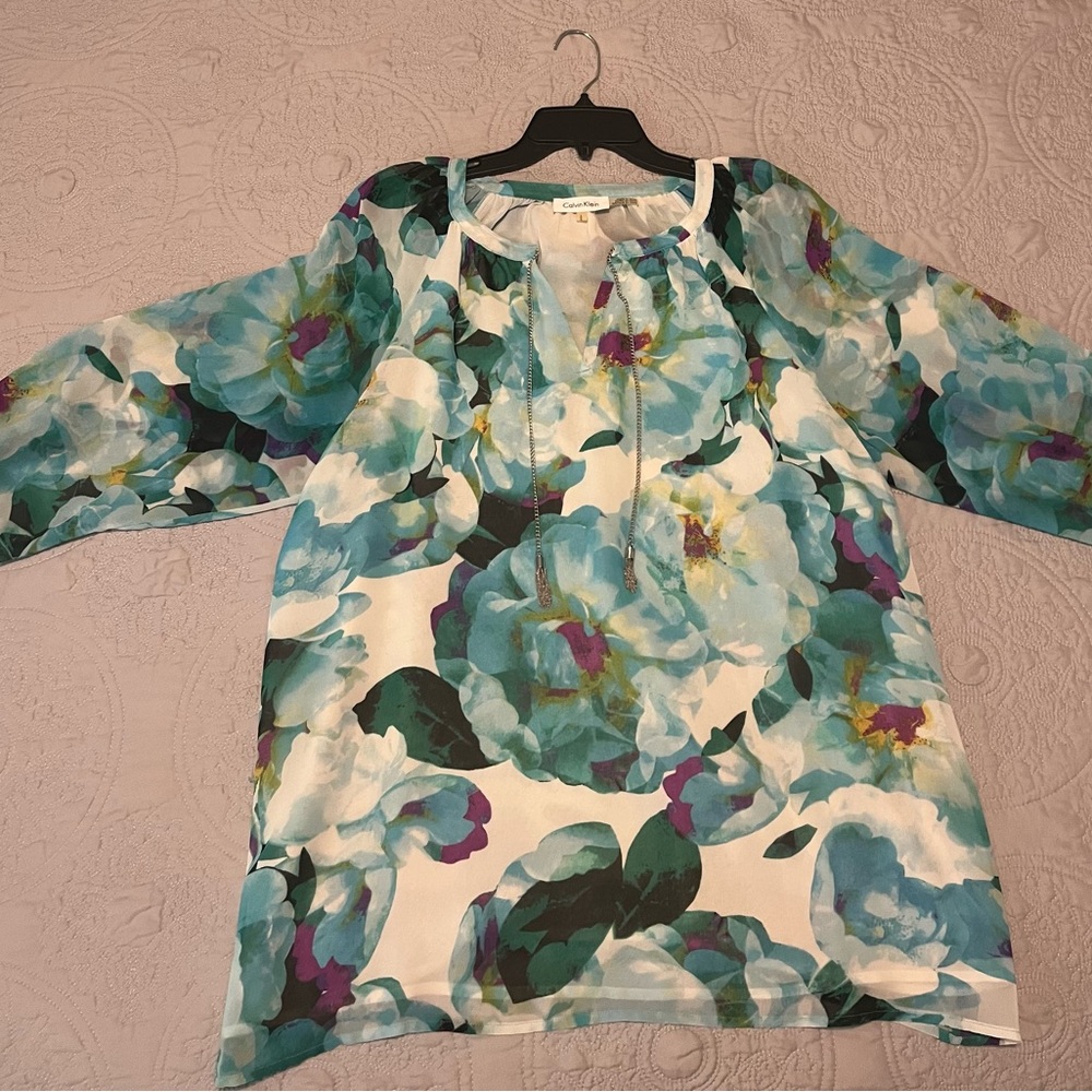 Calvin Klein Turquoise Tropical Print Blouse